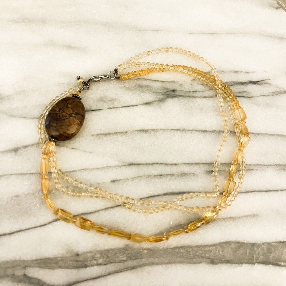 Natural Stone Beaded Necklace Brown Pale‎ Amber  Yellow Beads Healing Crystal